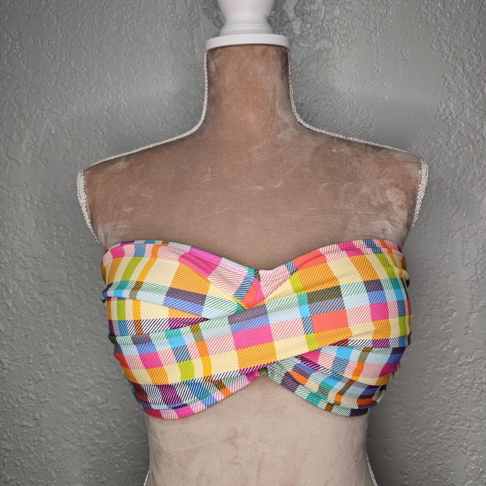 Into the Bleu Multicolor Plaid Bandeau Bikini Top Size 12 Strapless Swimwear